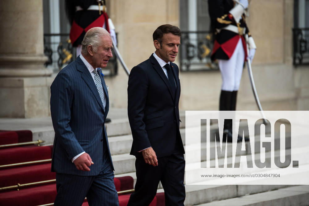 FRANCE TOP LEVEL SUMMIT IN PARIS French President Emmanuel Macron and King Charles III of England at the ElysÃ e Palace after the bilateral meeting. In Paris, 20 September, 2023. PARIS ILE-DE-FRANCE FRANCE