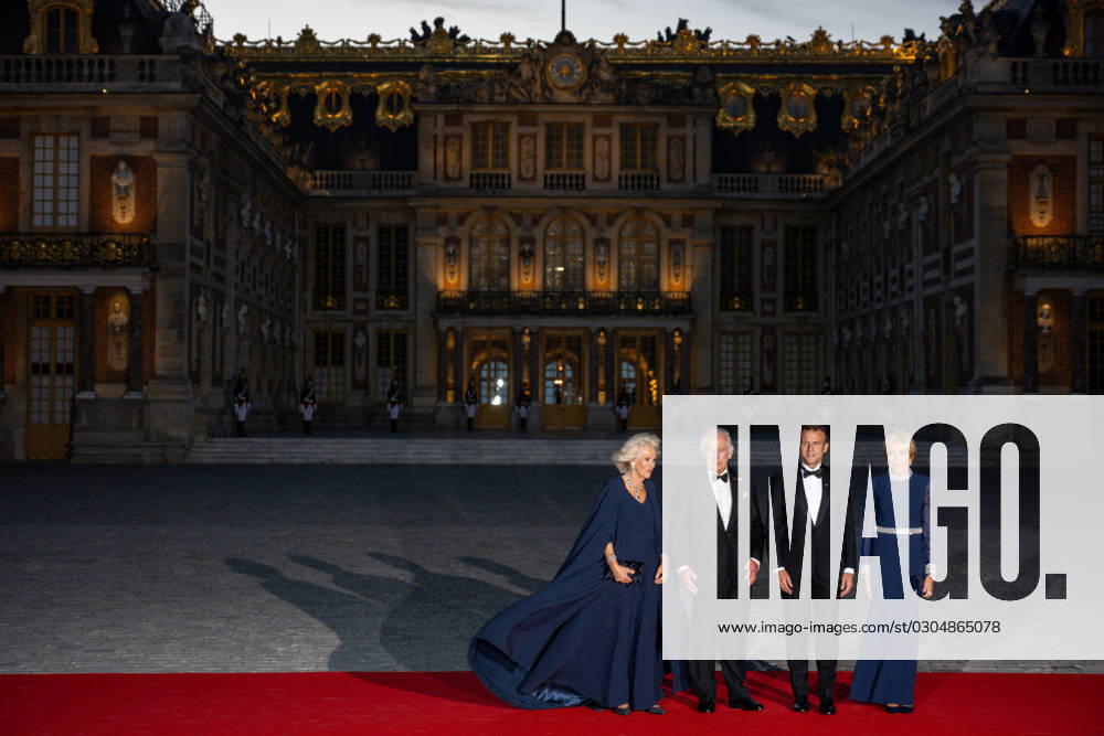 King Charles Visit To France - State banquet at Palace of Versailles Queen Camilla, King Charles III, French President Emmanuel Macron and Brigitte Macron arriving to attend the state banquet at the Palace of Versailles, west of Paris, France on September 20, 2023, on the first day of a state visit to France. Photo by Ammar Abd Rabbo ABACAPRESS.COM Versailles France