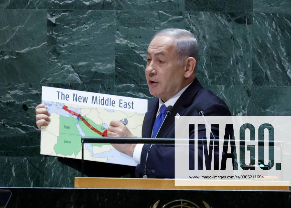 New York, UNO Generalversammlung - Benjamin Netanjahu Rede Prime Minister of Israel Benjamin Netanyahu speaks at the UN General Assembly 78th session General Debate in UN General Assembly Hall at the United Nations Headquarters on Friday, September 22, 2023 in New York City. NYP20230922101 JOHNxANGELILLO