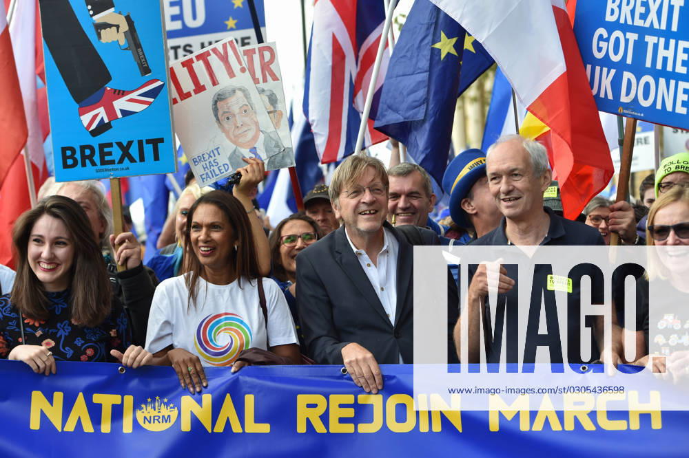 Former Belgian Prime Minister GUY VERHOFSTADT (center) and high-profile campaigner GINA MILLER (left) led the march through central London. Anti-Brexit campaigners marched through central London calling for UK to rejoin the European Union. London United Kingdom - ZUMAk172 20230923_zip_k172_018