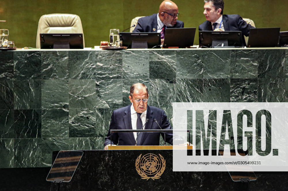 Bilder des Jahres 2023, News 09 September September 23, 2023, New York, New York, USA: SERGEY V. LAVROV, Minister for Foreign Affairs of the Russian Federation speaks at the 2023 78th UN General Assembly. His speech was filled with western geared criticism towards the West, by claiming, :The U.S. and its subordinate Western collective are continuing to fuel conflicts which artificially divide humanity†while barely mentioning Ukraine. New York USA - ZUMAo116 20230923_znp_o116_016