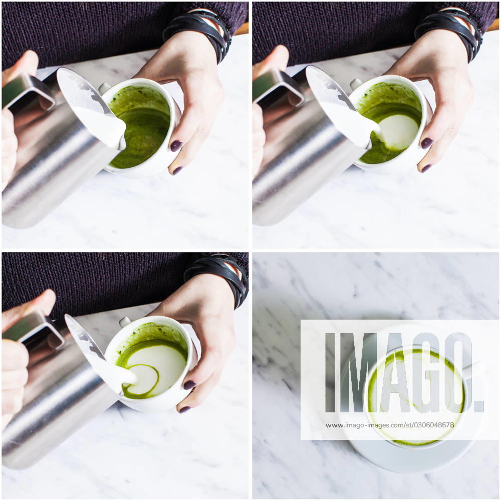 Set of making matcha tea cappuccino Set of pouring milk in matcha tea cup for make latte art of flower shape ,model released, Symbolfoto