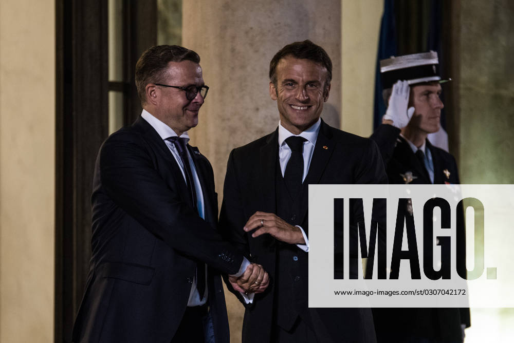 FRANCE TOP LEVEL SUMMIT IN PARIS French President Emmanuel Macron receives Finnish Prime Minister Petteri Orpo at the Elysee Palace. Paris, October 4, 2023. PARIS ILE-DE-FRANCE FRANCE