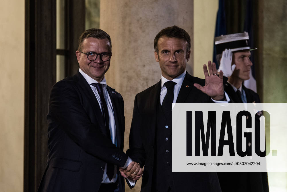 FRANCE TOP LEVEL SUMMIT IN PARIS French President Emmanuel Macron receives Finnish Prime Minister Petteri Orpo at the Elysee Palace. Paris, October 4, 2023. PARIS ILE-DE-FRANCE FRANCE