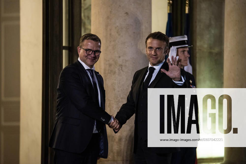 FRANCE TOP LEVEL SUMMIT IN PARIS French President Emmanuel Macron receives Finnish Prime Minister Petteri Orpo at the Elysee Palace. Paris, October 4, 2023. PARIS ILE-DE-FRANCE FRANCE
