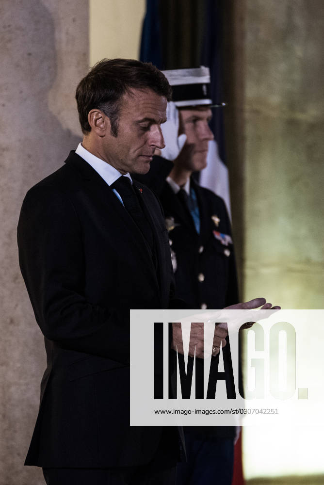 FRANCE TOP LEVEL SUMMIT IN PARIS French President Emmanuel Macron receives Finnish Prime Minister Petteri Orpo at the Elysee Palace. Paris, October 4, 2023. PARIS ILE-DE-FRANCE FRANCE
