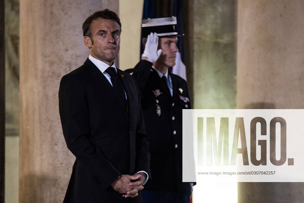 FRANCE TOP LEVEL SUMMIT IN PARIS French President Emmanuel Macron receives Finnish Prime Minister Petteri Orpo at the Elysee Palace. Paris, October 4, 2023. PARIS ILE-DE-FRANCE FRANCE