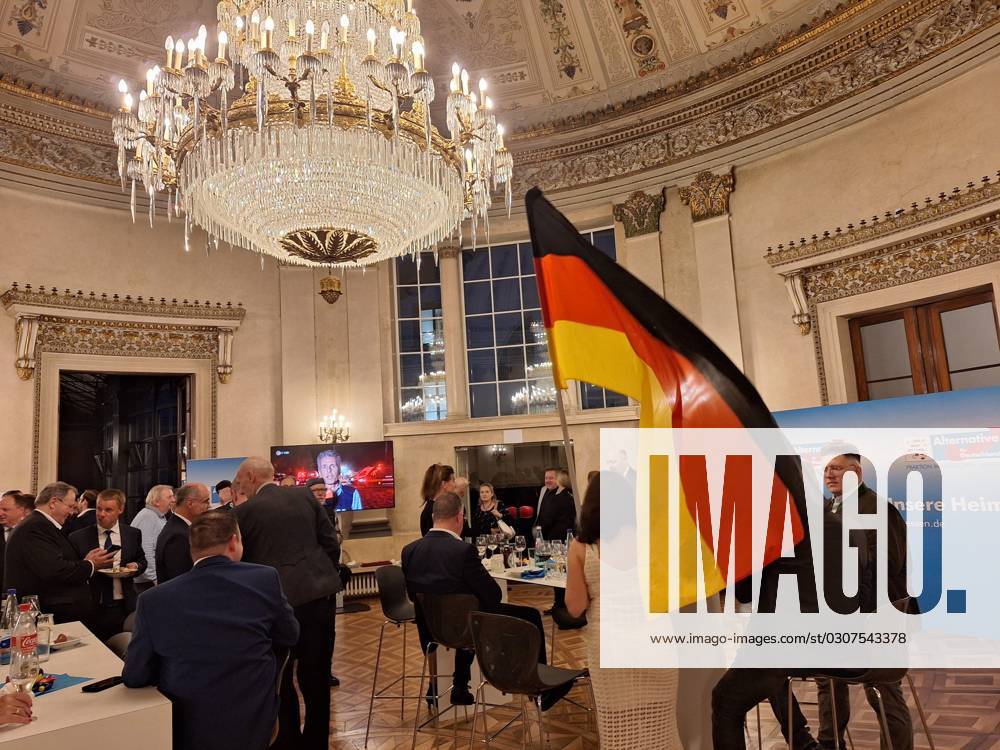 Wiesbaden, Hessen, Deutschland, 08.10.2023: Landtagswahl in Hessen: AfD-Wahlparty mit einer Deutschland-Fahne