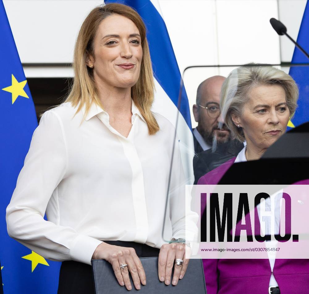 European Parliament chairwoman Roberta Metsola, European Council President Charles Michel and European Commission President Ursula Von der Leyen pictured during a tribute to the victims of the Hamas-organized attacks in Israel, organized by European Parliament president Metsola, Wednesday 11 October 2023 at the European parliament in Brussels. Saturday 7 October Palestinian militant group Hamas launched an attack on Israel killing at least 1000. Israel launched airstrikes in response, at least 750 Palestinians have been killed. BENOITxDOPPAGNE 77290902