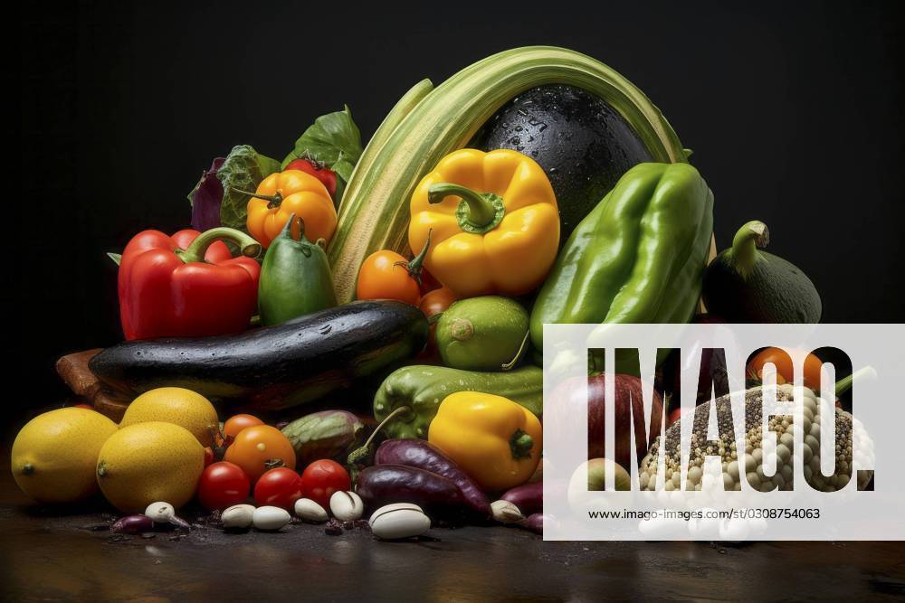 A captivating arrangement of fresh fruits and vegetables on a rustic textured background. Rustic Fruits and Vegetables Composition