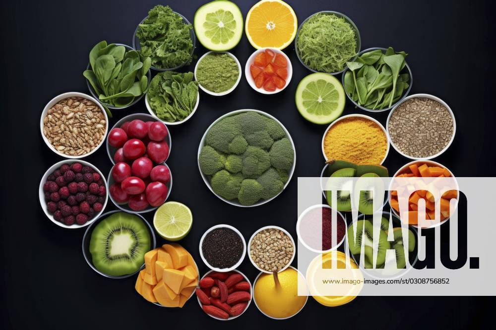 A diverse composition of nutritious food items elegantly presented in a balanced arrangement. Vibrant Healthy Food Spread