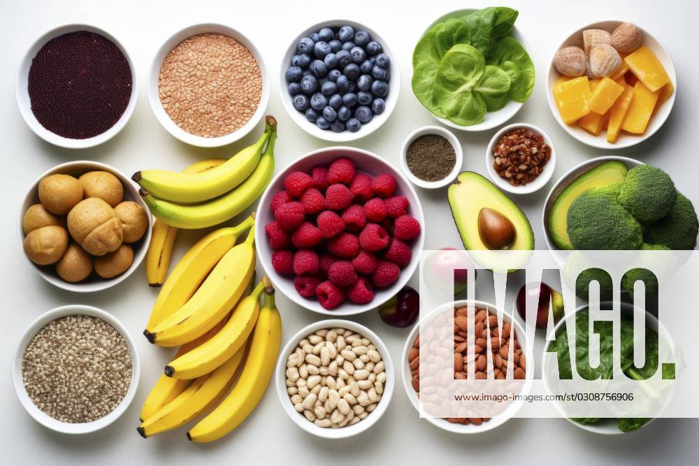 A diverse composition of nutritious food items elegantly presented in a balanced arrangement. Vibrant Healthy Food Spread