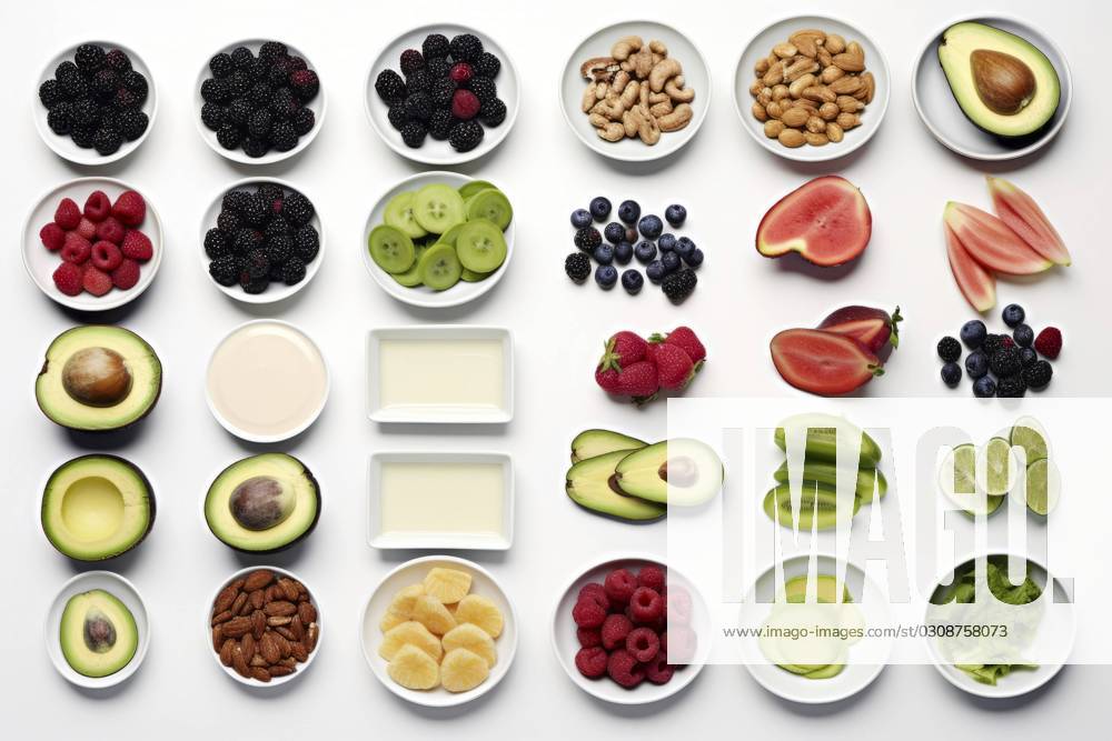 A diverse composition of nutritious food items elegantly presented in a balanced arrangement. Vibrant Healthy Food Spread