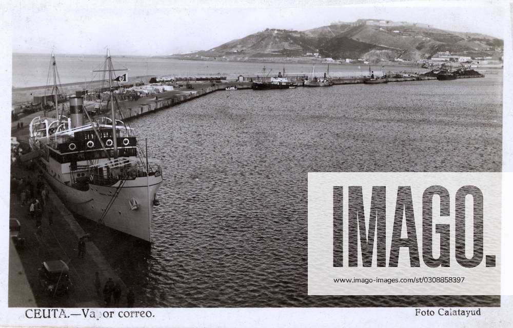 Steamer at Ceuta, Spanish city in Morocco, North Africa Steamer (mailboat) General Sanjunio at Ceuta, Spanish city in Morocco, North Africa. Date: circa 1930