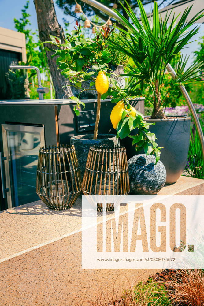 Outdoor kitchen in a garden or terrace with plants and decoration and lantern Outdoor kitchen in a garden or terrace with plants and decoration and lantern