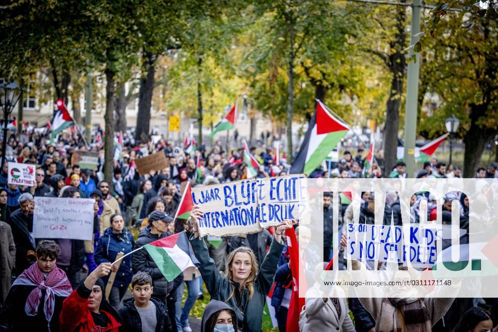 THE HAGUE - Participants during a national demonstration against the war in Gaza. The protest was organized by a group of Palestinian organizations. They want an immediate ceasefire and humanitarian aid for the people of Gaza. ANP ROBIN UTRECHT netherlands out - belgium out
