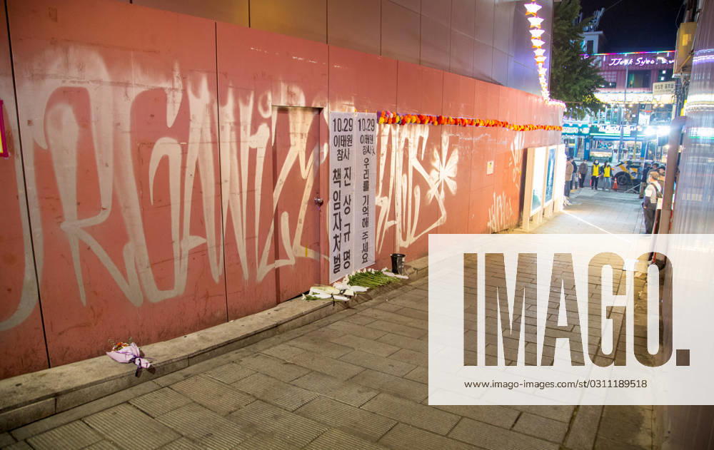Itaewon tragedy, Oct 29, 2023 : Flowers are seen in alleyway, the site of the Itaewon crowd crush during Halloween celebrations last year, in Seoul, South Korea. Thousands of people and family members of the victims gathered in central Seoul on Sunday to cherish the memories of the deceased at a memorial event marking the first anniversary of the deadly Itaewon crowd crush that claimed 159 lives. They demanded a probe into the disaster and punishment of officials found responsible for the tragedy. Placards read, Investigate and punish officials found responsible for the October 29 Itaewon disaster (L) and Remember us . , aflo_234061751.jpg,
