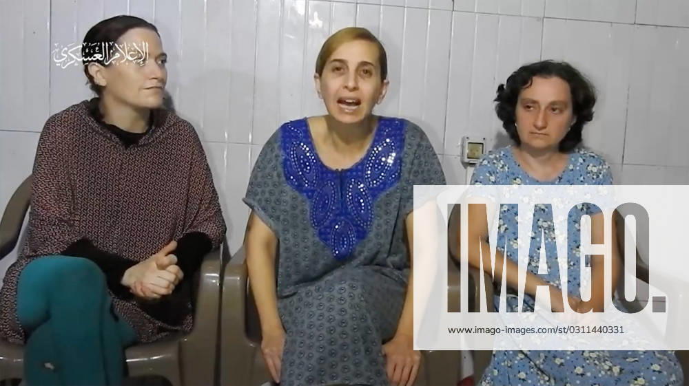 A screengrab from a video released by Hamas on Monday, October 30, 2023, shows three women (L-R), Yelena Trupanov, Daniel Aloni, and Ramon Kirsht, who were kidnapped and taken to Gaza on October 7th. Israeli PM Netanyahu condemned the clip as cruel psychological propaganda . Screengrab via Hamas video WAX2023103003 HAMAS