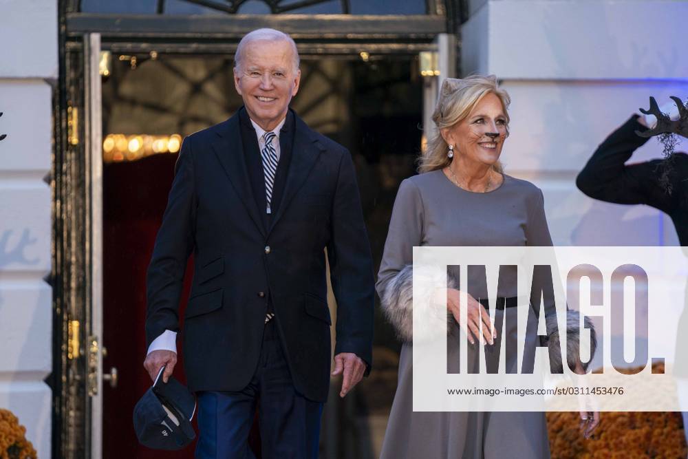 United States President Joe Biden and first lady Dr. Jill Biden emerge to host a Halloween trick-or-treat event for local public school students and military-connected families on the South Lawn of the White House in Washington, DC on Monday, October 30, 2023 Washington USA - ZUMAs152 20231030_faa_s152_108