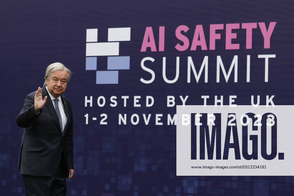 (231103) -- BLETCHLEY PARK, Nov. 3, 2023 -- UN Secretary-General Antonio Guterres attends AI Safety Summit in Bletchley Park, Britain, Nov. 2, 2023. A declaration on artificial intelligence (AI) safety was issued during the summit here. Under the declaration, 28 countries and the European Union (EU) agreed on the need for a new global effort to ensure AI is developed and used in a safe and responsible way. ( Handout via Xinhua) BRITAIN-BLETCHLEY PARK-AI SAFETY-DECLARATION SimonxDawson Nox10xDowningxStreet