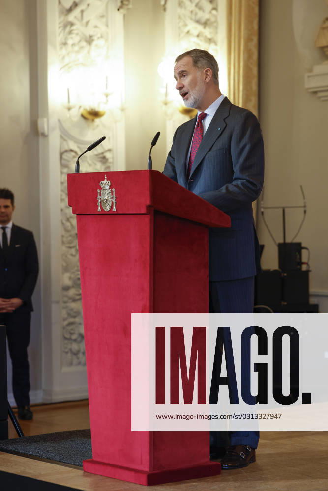 Spain s King Felipe VI delivers a speech during a gathering with the Spanish community in Copenhagen, Denmark, 08 November 2023, on the last day of his visit to Denmark. Spanish Royal couple visit Denmark !ACHTUNG: NUR REDAKTIONELLE NUTZUNG!