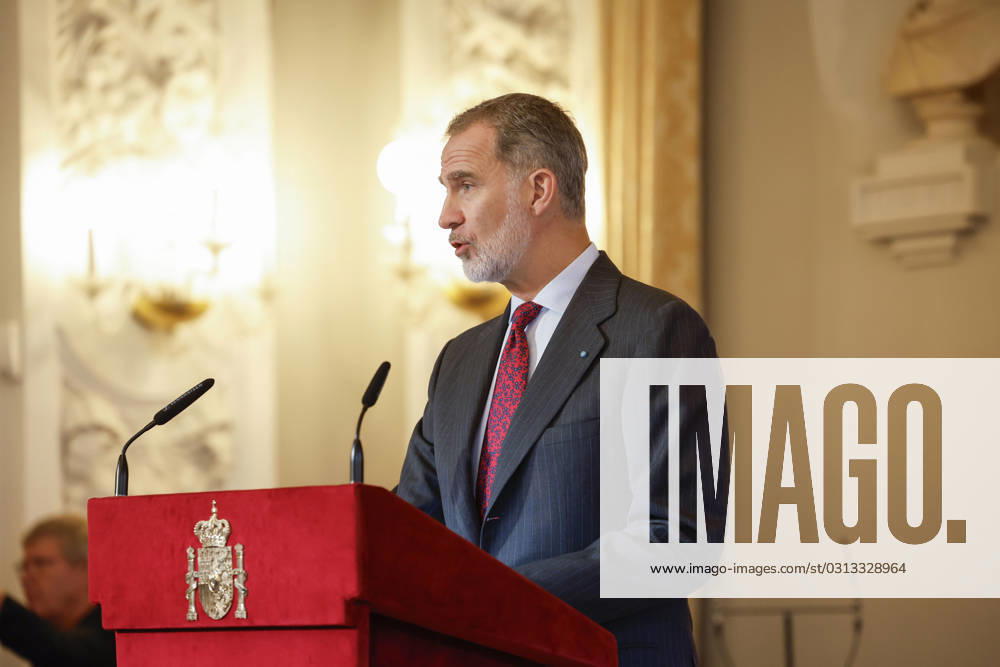 Spain s King Felipe VI delivers a speech during a gathering with the Spanish community in Copenhagen, Denmark, 08 November 2023, on the last day of his visit to Denmark. Spanish Royal couple visit Denmark !ACHTUNG: NUR REDAKTIONELLE NUTZUNG!