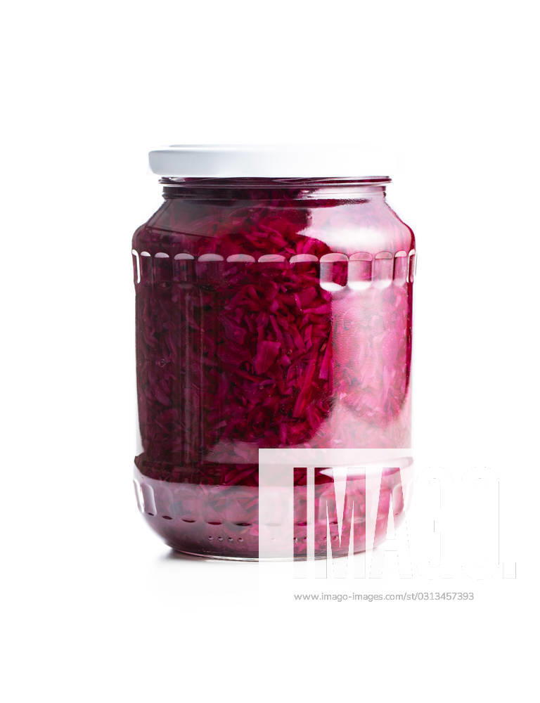 Red sauerkraut. Sour pickled cabbage Red sauerkraut. Sour pickled cabbage in jar isolated on white background.