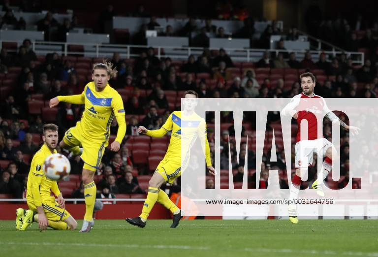 Arsenal s Mathieu Debuchy scoring his sides opening goal during the Europa League Group H match at The Emirates Stadium, London. Picture date: December 7th 2017. Picture credit should read: David Klein Sportimage .