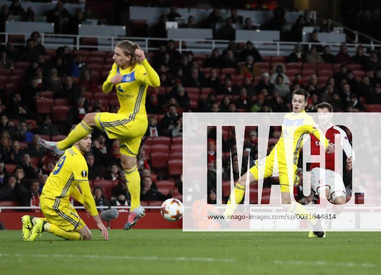 Arsenal s Mathieu Debuchy scoring his sides opening goal during the Europa League Group H match at The Emirates Stadium, London. Picture date: December 7th 2017. Picture credit should read: David Klein Sportimage .