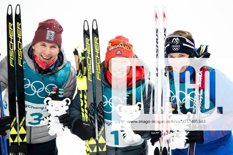 - SPORT 180212 Anastasiya Kuzmina of Slovakia, Silver, Laura Dahlmeier of Germany, gold, and Anais Bescond of France, Bronze, celebrates after the Women s Biathlon 10km Pursuit during day three of the 2018 Winter Olympics on February 12, 2018 in Pyeongchang. Photo: Jon Olav Nesvold BILDBYRN kod JE 160156