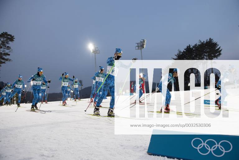 Allgemein, Feature, Randmotiv, Vorlaeufer, Pulk, Laeuferfeld auf der Langlauf-Strecke, Nordische Kombination der Maenner, Nordic Combined - Ind. Gund. NH 10km, Cross-Country am 14.02.2018, Alpensia Cross-Country Skiing Centre Olympische Winterspiele 2018, vom 09.02. - 25.02.2018 in PyeongChang Suedkorea.