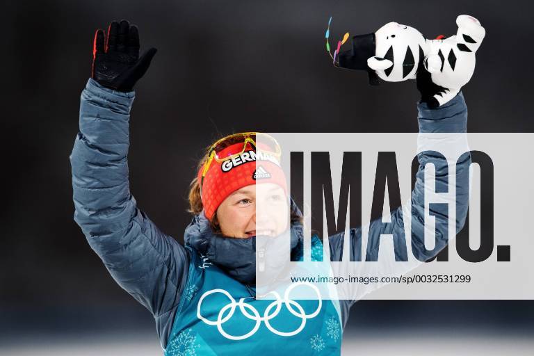 Laura Dahlmeier of Germany (bronze) celebrate on the podium after the women s 15 km biathlon during day six of the 2018 Winter Olympics on February 15, 2018 in Pyeongchang. Photo: Carl Sandin BILDBYRAN kod CS 57999_295