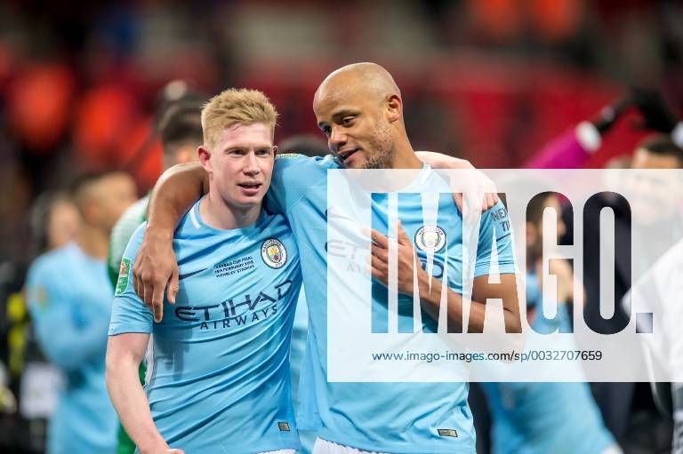 Vincent Kompany of Manchester City and Kevin De Bruyne of Manchester City celebrate the victory of the EFL Carabao Cup after the EFL Carabao Cup Final match between Arsenal and Manchester City at Wembley Stadium, London, England on 25 February 2018.