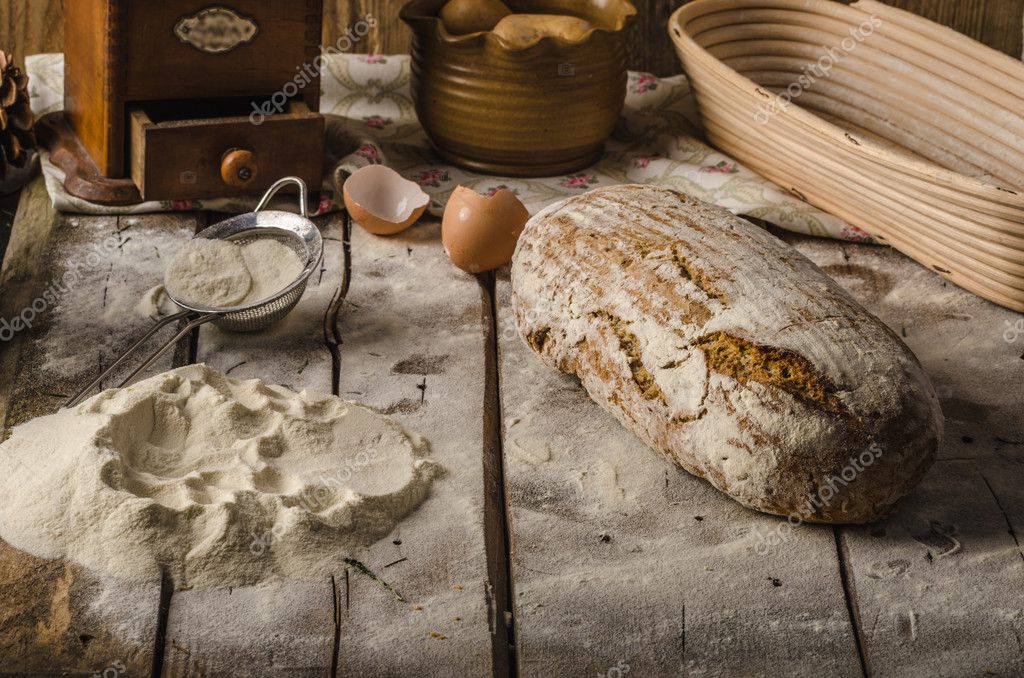 Homemade rustic bread, baked in oven, wheat leaven, breaded in a basket