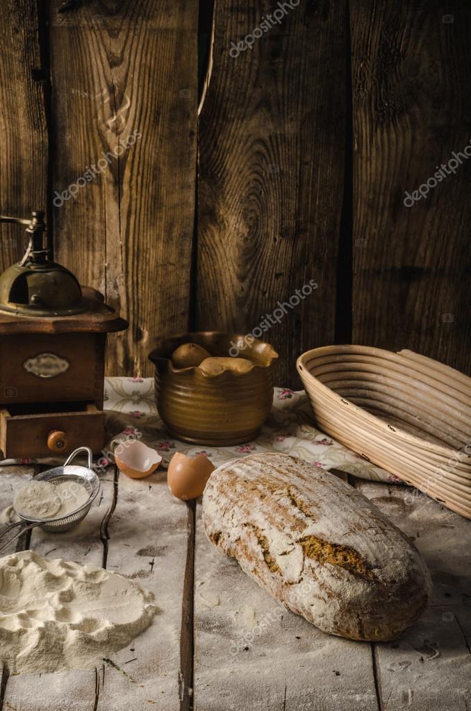 Homemade rustic bread, baked in oven, wheat leaven, breaded in a basket