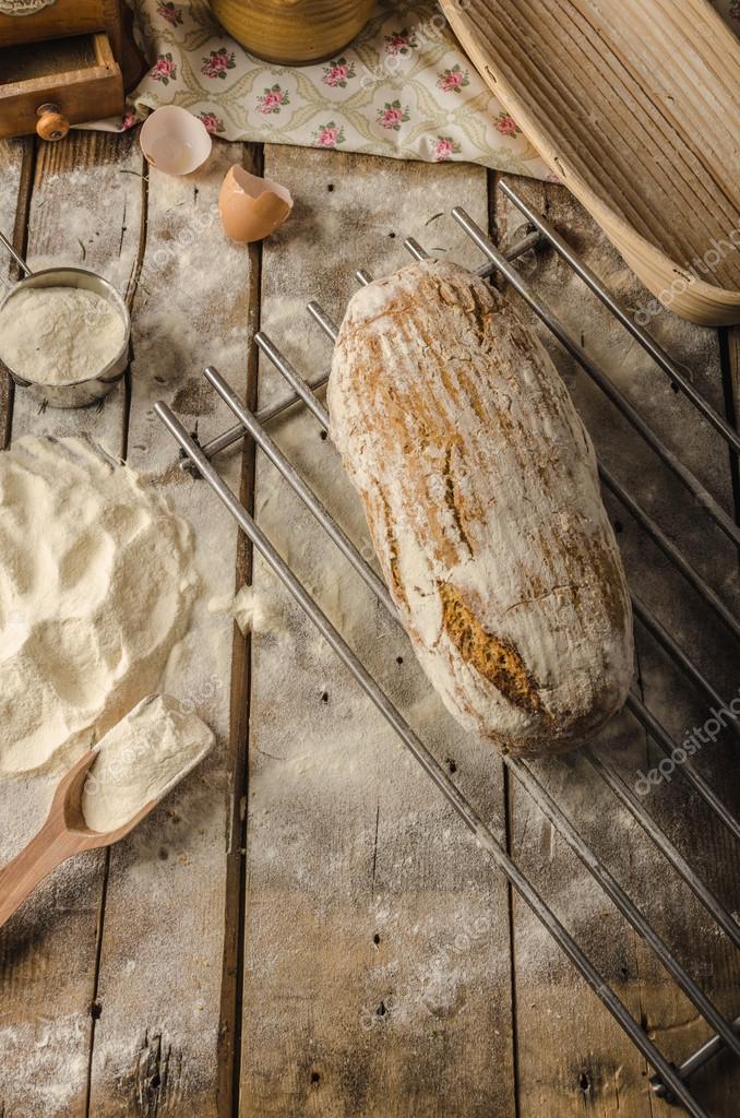 Homemade rustic bread, baked in oven, wheat leaven, breaded in a basket