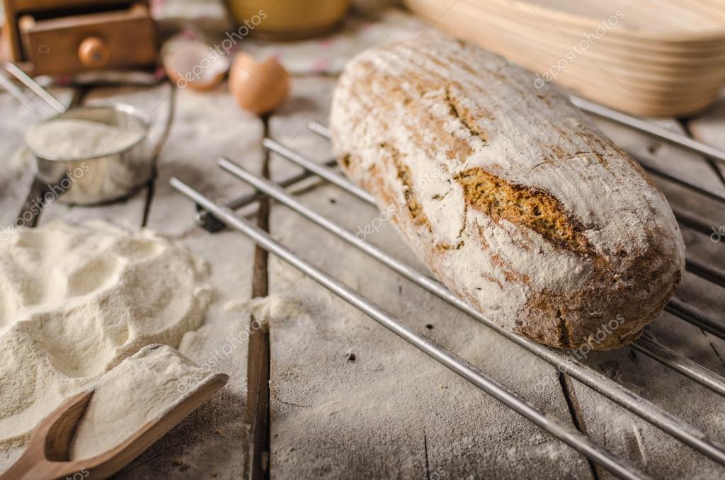 Homemade rustic bread, baked in oven, wheat leaven, breaded in a basket