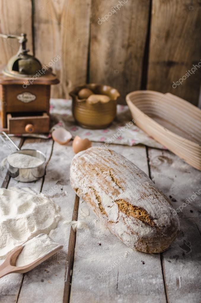 Homemade rustic bread, baked in oven, wheat leaven, breaded in a basket