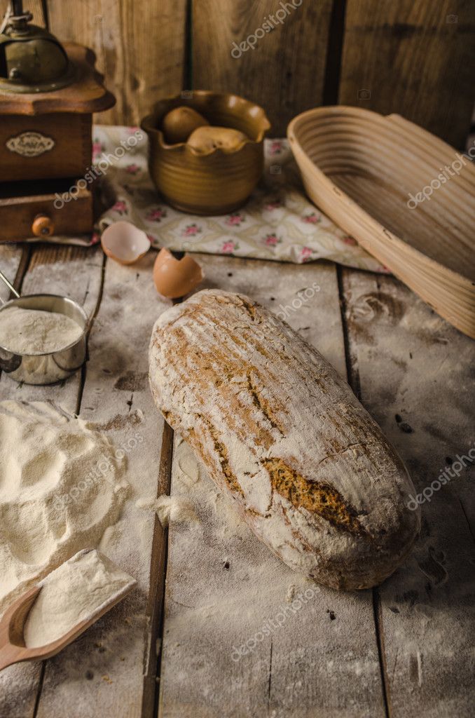 Homemade rustic bread, baked in oven, wheat leaven, breaded in a basket