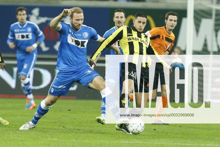 - GENT, BELGIUM: Gent s Laurent Depoitre and Lierse s Ahmed El Messaoudi fight for the ball during the Jupiler Pro League match between KAA Gent and K Lierse SK, in Gent, Saturday 07 March 2015, on the 29th day of the Belgian soccer championship. THIERRYxROGE x75401426x