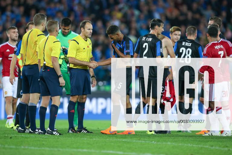- BRUGGE, BELGIUM: Club s Jean-Charles Castelletto (C) and his teammates look dejected after a soccer game between Belgian first league team Club Brugge KV and British club Manchester United ManU FC in Brugge, Wednesday 26 August 2015, the return game of the play-offs of the UEFA Champions League competition. Manchester United won the first leg 3-1. BRUNOxFAHY x84639598x