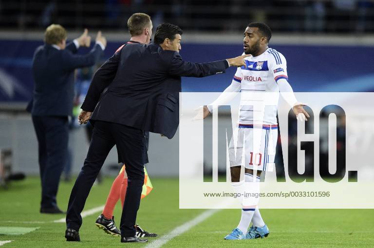 - GENT, BELGIUM: Lyon s head coach Hubert Fournier and Lyon s Alexandre Lacazette pictured during the first game in the group stage of the Uefa Champions League competition, in group H, between Belgian first league soccer team KAA Gent and Olympique Lyon, in Gent, Wednesday 16 September 2015. YORICKxJANSENS x85279503x