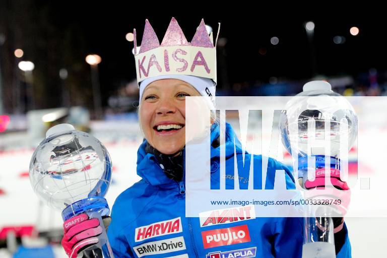 - SPORT TYUMEN, RUSSIA - MARCH 25, 2018: Biathlete Kaisa Makarainen of Finland awarded a Big Crystal Globe for the World Cup Total Score and a Mass Start Crystal Globe after the women s 12.5km mass start event at the 2017 18 IBU Biathlon World Cup meeting in Tyumen, Russia. Sergei Bobylev TASS TS07949B