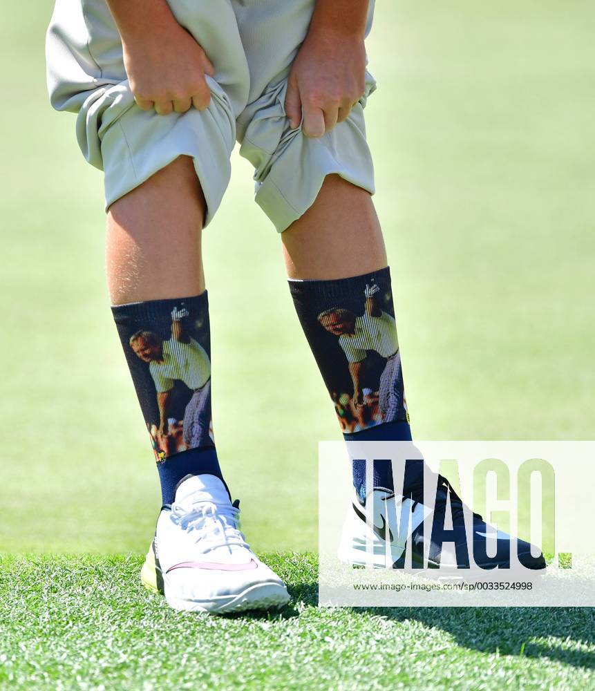 P.J. May bank III shows off his Jack Nicklaus themed socks during the Drive Chip & Putt National Finals at Augusta National Golf Club during Masters week on April 1, 2018 in Augusta, Georgia. AUG20180401313 KEVINxDIETSCH