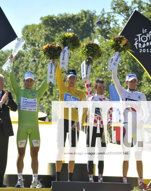 - PARIS, FRANCE: Slovakian Peter Sagan of Liquigas-Cannondale with the green jersey, British Bradley Wiggins of Sky Procycling Team with the yellow jersey, French Thomas Voeckler of Europcar with the white jersey with red dots (polka-dot) and US Tejay Van Garderen of BMC Racing Team with the white Jersey pictured on the podium after the 20th and last stage of the 99th edition of the Tour de France cycling race, 130km from Rambouillet to the Champs-Elysees, Paris, France, Sunday 22 July 2012. NICOLASxBOUVY x36717905x