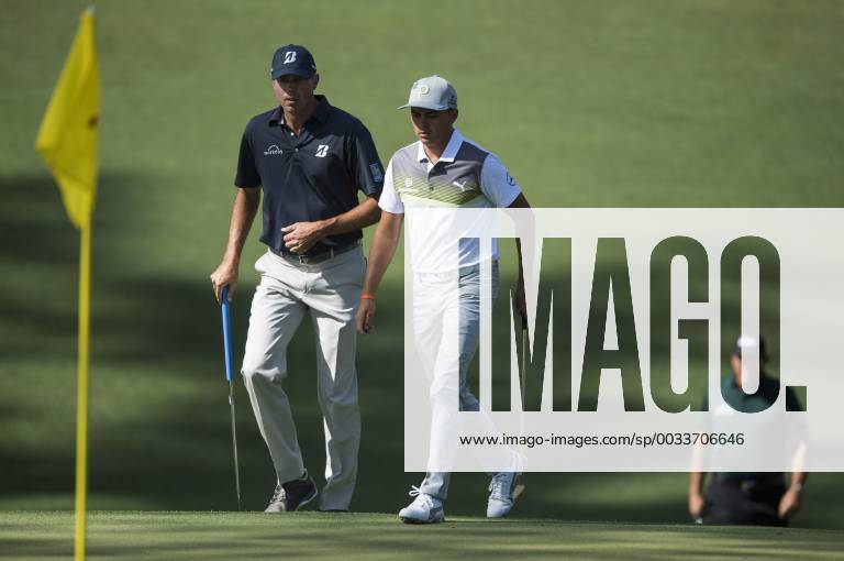 Matt Kuchar (L), Rickie Fowler (C) and Phil Mickelson walk onto the 10th green during the first round of the 2018 Masters Tournament at the Augusta National Golf Club in Augusta, Georgia, on April 5, 2018. AUG20180405371 KEVINxDIETSCH