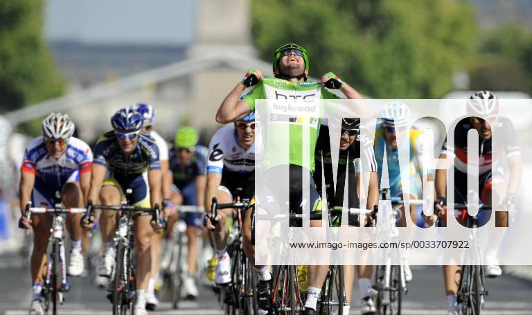 - PARIS, FRANCE: Holder of the green jersey of leader in the sprint ranking British Mark Cavendish of Team HTC - High Road celebrates as he crosses the finish line after the twenty first and final stage of the Tour de France cycling race, from Creteil to Paris (95km), in France, Sunday 24 July 2011. The 98th Tour de France ends on the Champs-Elysees in Paris today. ERICxLALMAND x28358932x