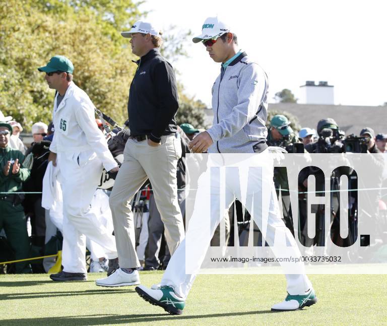Golf: Masters Tournament 1st round Hideki Matsuyama of Japan (R) is pictured at the Augusta National Golf Club in Georgia as the Masters Tournament starts on April 5, 2018.