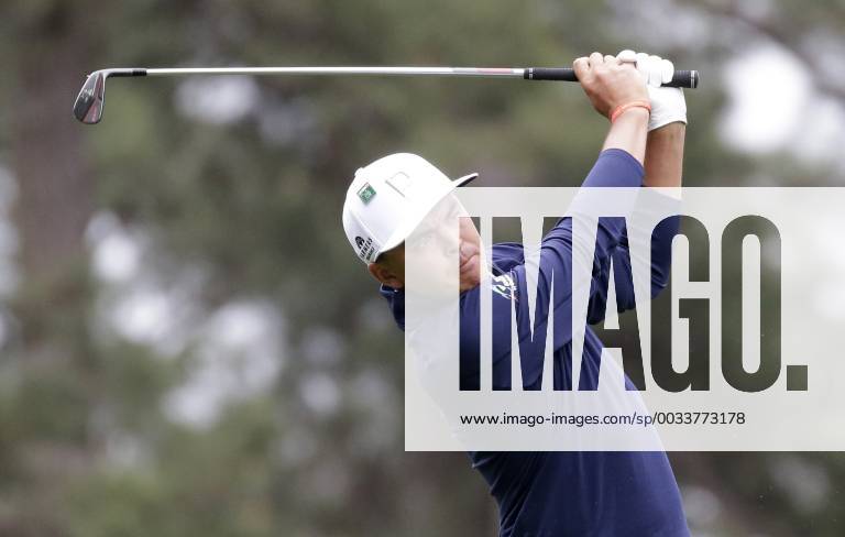 Rickie Fowler hits a tee ball on hole 4 in the 3rd round of the 2018 Masters Tournament at the Augusta National Golf Club in Augusta, Georgia, on April 7, 2018. AUG20180407115 JOHNxANGELILLO