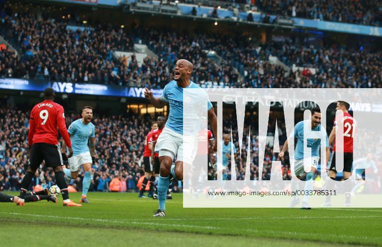 Vincent Kompany of Manchester City celebrates scoring the first goal during the premier league match at the Etihad Stadium, Manchester. Picture date 7th April 2018. Picture credit should read: Simon Bellis Sportimage .